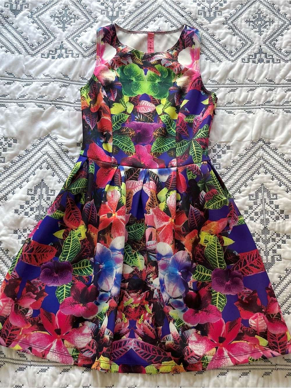 Vintage Eight Sixty "Kona" Tropical Floral Pleated Skater Mini Dress Size XS